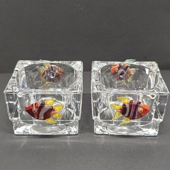 Crystal Glass Votive Candle Holder Murano Fish Accent Set Of 2 - Picture 2 of 8
